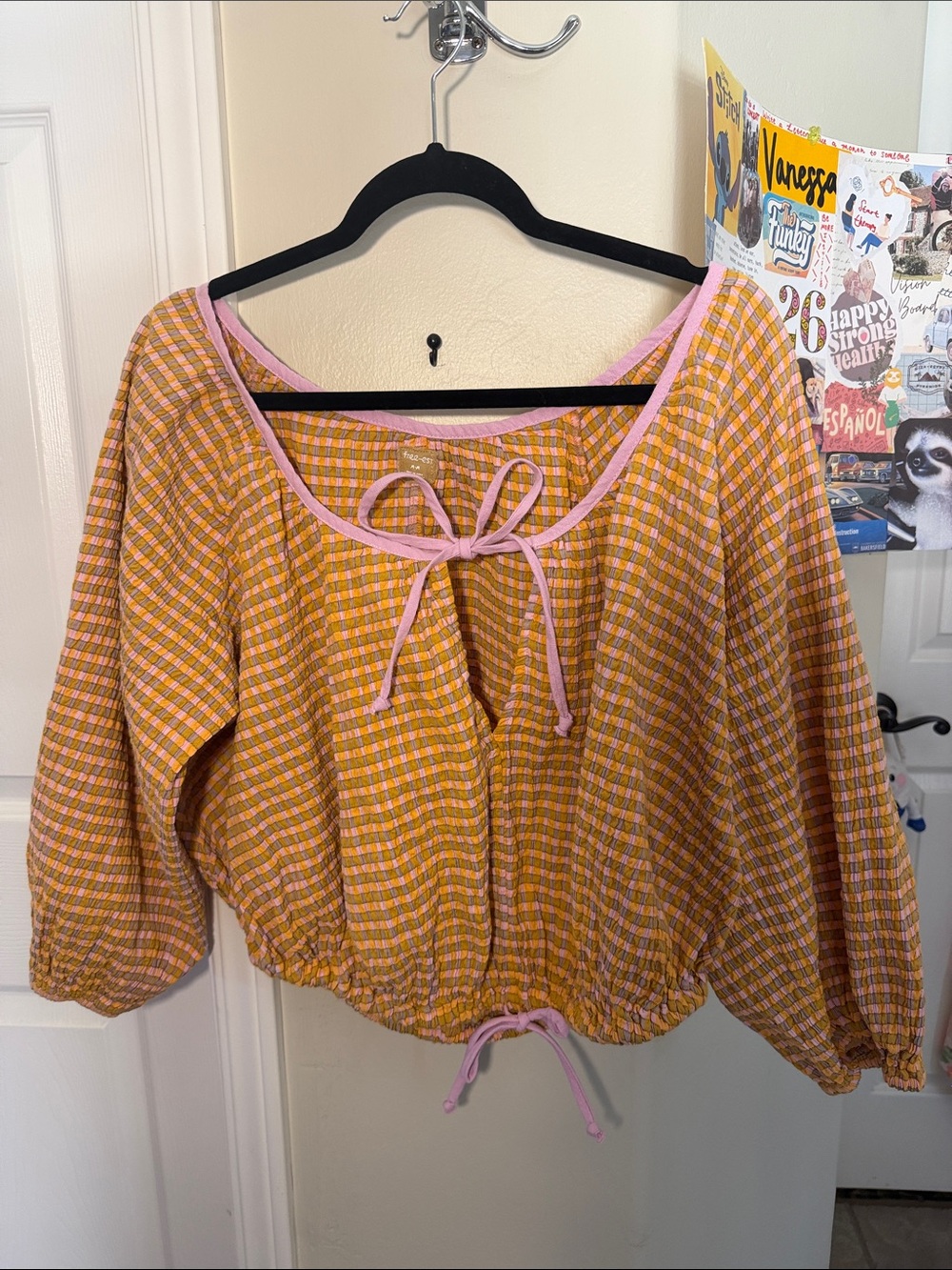 Free People Yellow Plaid Peasant Top with Pink Trim